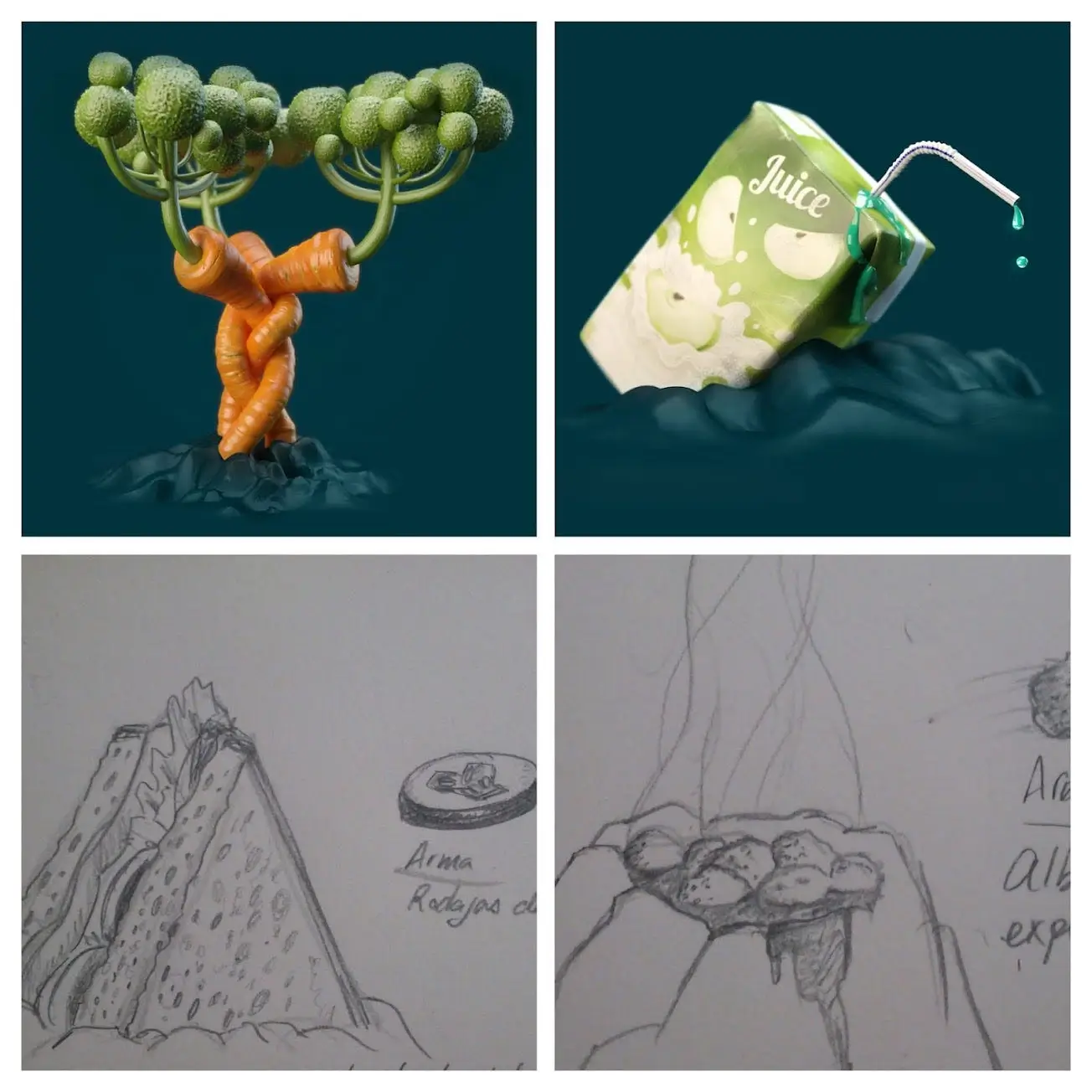 Food buildings and weapons concept art from Lunch Box Worlds